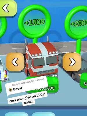 A screenshot from a mobile game featuring a cartoonish truck and other vehicles. There are UI elements like arrows, green circles with numbers, and comment boxes.