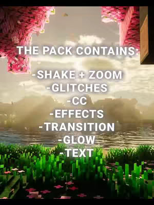 An image featuring a Minecraft-style landscape with text overlayed. The scene includes green pixelated grass in the foreground, a body of water in the midground, and pixelated pink structures resembling cherry blossoms at the top and sides. The text is in a bold, white font, listing various video editing effects and features.