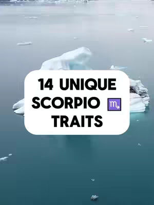 A scenic cover image showing a body of water dotted with icebergs, and a white, rectangular text overlay with rounded corners in the center of the image. The overlay features the phrase, "14 UNIQUE SCORPIO TRAITS," in bold, black text. The Scorpio zodiac symbol, a stylized "m" shape in purple, is placed to the right of "SCORPIO" and is contained within a purple square. The background is a calm, light blue, and the overall composition is simple and emphasizes the overlay text over the iceberg background.