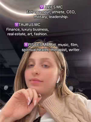 A selfie-style video with the creator in the foreground, looking at the camera with a thoughtful expression. Overlayed text provides career paths based on astrological signs. The background is blurred, directing focus towards the creator and the text.