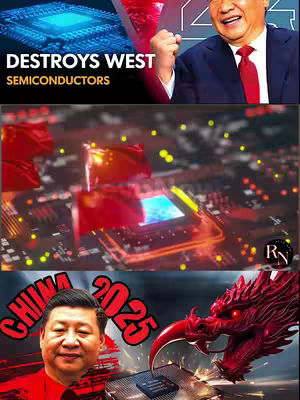 The image is a composite with multiple elements. The top section has a blue and white graphic element with the words 'DESTROYS WEST' above 'SEMICONDUCTORS'. To the right of this text is a man in a suit and tie, shown from the chest up, smiling. Below, a computer circuit board with red Chinese flags superimposed on it. In the bottom section, a rendering of Chinese President Xi Jinping is on the bottom left and to the right is a red dragon character.