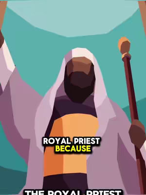 An illustration depicting a figure identified as a 'royal priest'. He is depicted with a brown face and beard, wearing a white hooded robe. He is holding a rod. The background is a turquoise color, providing a contrast to the figure's attire. The words 'ROYAL PRIEST', and 'BECAUSE' are displayed in the foreground.