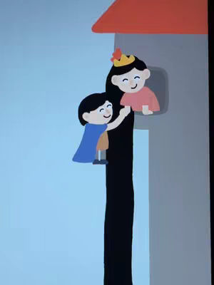 An illustrated image depicts two cartoon figures on a blue background. One figure, dressed in a blue cape and brown shorts, is climbing a black tower, reaching out to a figure in a window. The figure in the window is wearing a pink outfit and a crown.