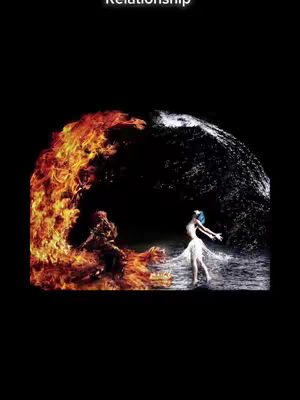 The image is a visual representation of contrasting elements within a dark background. On the left, a fiery form is depicted with shades of red and orange, suggesting intense heat. On the right, a figure appears within a cascading water element, shown in shades of white and blue. Both sides are symmetrically placed, with the water figure seemingly interacting with the fiery one, both figures representing a human form.