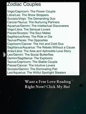 The image features a list titled 'Zodiac Couples' with various zodiac sign pairings and descriptions. Below is the text 'Want a Free Love Reading Right Now? Click My Bio!' against a dark background.
