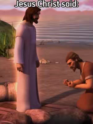 An animated depiction of a biblical scene with two male figures. One, likely representing Jesus, is standing in a white robe, looking down at another figure kneeling on the ground, who appears to be holding something. The overall scene is set on a beach or a shore with the sea in the background and a sunset creating a warm lighting.
