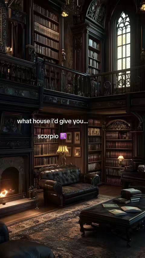 A dimly lit, opulent library with dark wooden shelves filled with books. A fireplace glows on the left, and a plush leather sofa and coffee table are in the center.