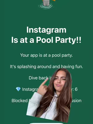 The image shows a woman making the peace sign in front of a phone screen. The Phone shows an instagram app with a green background, a pool party text overlay, and an image of a pool at the top
