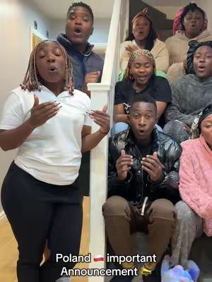A group of people, mostly Black individuals, are gathered on stairs and in the background. The person in the foreground, a Black woman, is the main focus, with the other people in the background with a white T-shirt and black pants, with her hands raised in front of her, and her mouth open as if singing or speaking. Below her, text on the bottom of the image: Poland — important Announcement.