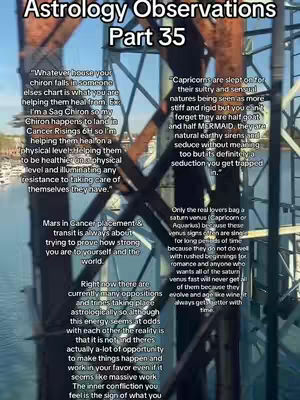 The image is a vertical shot with a blurred background. The main focus is on a structure that looks like part of a bridge or steel framework, creating a sense of depth and complexity. Overlaid on this is text, including a large title at the top that reads Astrology Observations Part 35. Below, there is additional text in a smaller font with astrological insights. The color palette is muted with some text highlighted in white, set against the darker structure background. The overall tone feels informational and academic, typical of an astrology analysis video.