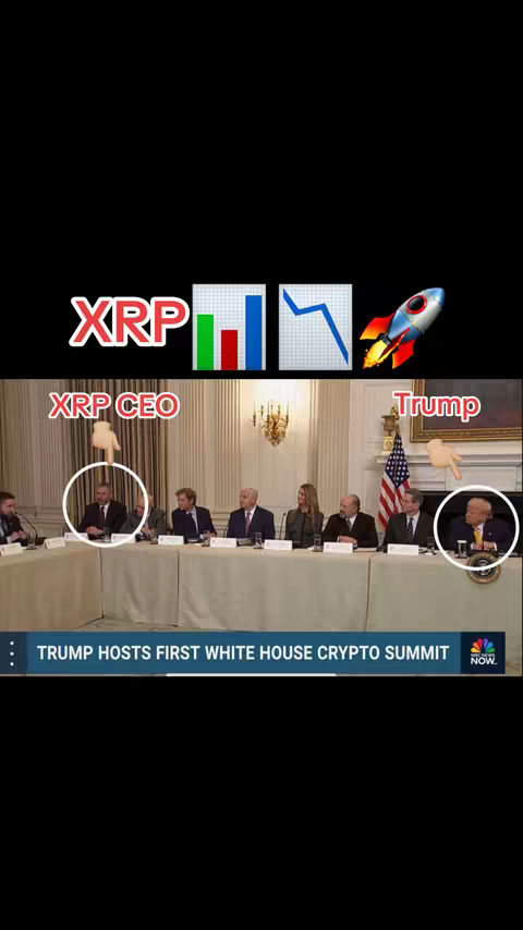 The image shows a screen capture of a news segment featuring a conference with several people at a table, including what appears to be a CEO and Donald Trump. Overlayed on the image are graphic elements that are consistent with crypto or trading with the text "XRP". Above the conference is a text overlay of "XRP" with bar graphs, and a rocket emoji to the right. The scene appears to be in a formal setting, likely the White House. The overall composition uses a split screen format, with most space consumed by the conference scene.