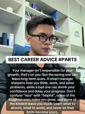 A man with glasses is centered, looking towards the camera. He is in a well organized office space. Text overlays include career advice and the video title.
