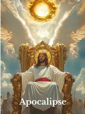 A digitally rendered image featuring Jesus Christ seated on a golden throne, set against a backdrop of clouds and an ethereal light. Jesus, with long hair and a beard, is wearing a white robe with a red sash and is positioned centrally, looking forwards. Above him, a golden light shines, and the background shows angelic figures in bright colors. The word 'Apocalipse' is overlaid at the bottom.