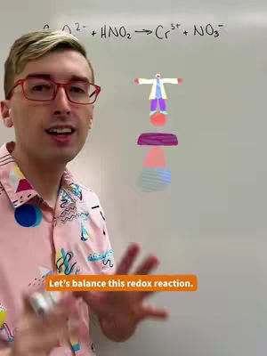 A man with glasses stands in front of a whiteboard with a chemical equation and a colorful, abstract drawing. A text overlay reads, "Let's balance this redox reaction."