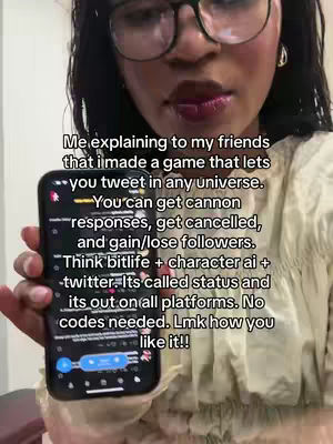 A woman in glasses holds a phone displaying an app interface, with on-screen text explaining the app's features, overlaid with additional descriptive text. The background is a beige-colored wall.