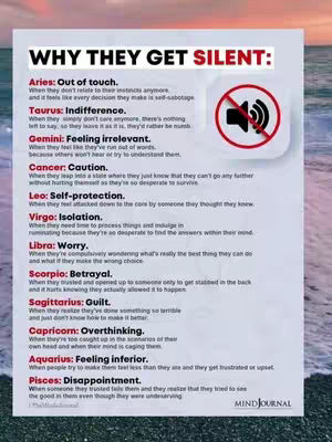 An image presenting a white paper with black text and a red logo. The text lists what each zodiac sign does when they get silent. The background is a blurred wave.
