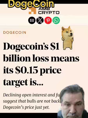 The cover image displays a financial news graphic with a creator's face at the bottom right. The layout is divided into three distinct sections. The upper left corner features the 'Dogecoin' logo, and the words 'Dogecoin' and 'AMB CRYPTO' are displayed in bold, uppercase text above a row of social media icons. A Shiba Inu dog stands upright in the top right corner, a common symbol associated with Dogecoin. The primary content includes headlines discussing Dogecoin's financial losses and price targets, with relevant financial data and market analysis.