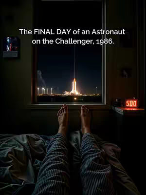 The cover image shows a bedroom scene at night. The viewer's perspective is from lying in a bed. A window frames a nighttime view of a rocket launch. The feet and lower legs of a person wearing striped pajama pants extend towards the center of the frame. The window shows the bright flash of the rocket. An alarm clock displays the time as 5:00 on a nightstand.