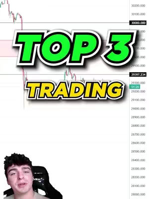 The cover image features a split screen layout. The top portion showcases a real-time trading chart with numerical data layered, including the text 'TOP 3' in a bold, green font with a white outline, followed by the word 'TRADING' in yellow. The bottom half has a man looking at the camera in front of the trading screen.