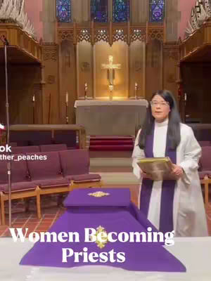 A woman in religious attire stands in a church setting, holding a book. Below her, a purple drape with a golden emblem is displayed. The background shows a church interior with stained glass windows and a cross.