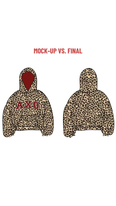 The cover image shows a mockup of a hoodie with a cheetah print design. On the left side, there's a version labeled "MOCK-UP" with the letters "AXO" in the center. The hood's interior has a reddish-brown lining. On the right, the hoodie is shown without the letters. The text "MOCK-UP VS. FINAL" is written in red across the top.