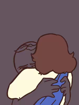 An illustration depicts two figures in a close embrace. One figure is mostly obscured, with visible dark hair and a blue garment, holding another figure close. The other figure is seen from the side, with a face, and is shedding a tear. The background is a gradient of dark purple.