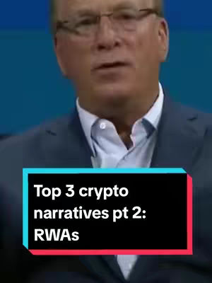 The cover image features a man in a suit jacket, glasses, and a white dress shirt. A black rectangle overlay with the text 'Top 3 crypto narratives pt 2: RWAs' is added at the bottom of the frame, which is overlaid to the man's chest. The man is set against a blurry dark blue background with a focus on his upper body. The lighting is moderate, maintaining a professional feel.