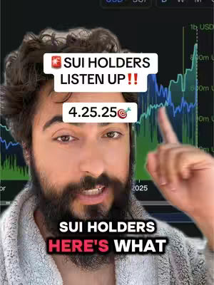 A man with a beard and dark hair is in the center, seemingly in a robe. Above him are text boxes with details about crypto analysis and price, and in the background is a graph with blue and green lines. He is pointing at the graph with his index finger. The overall composition seems to blend analytical data with personal video styles.