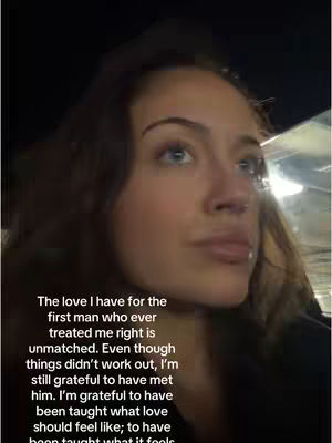 A woman with brown hair and blue eyes is looking up and to the right with a slight frown. Text in a white font is is over the side of her face.