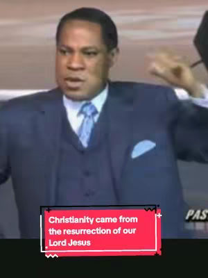 A man in a dark suit and tie is speaking, with a text overlay in a red box that says "Christianity came from the resurrection of our Lord Jesus”.