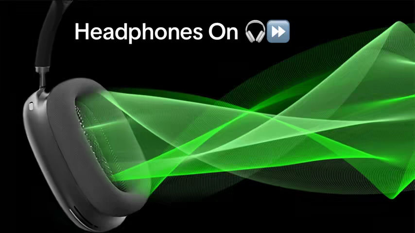 The image features a pair of black headphones with a green, wavy light effect emanating from the ear cups against a black background. The text 'Headphones On' and an emoji of headphones followed by a fast-forward symbol are overlaid at the top.