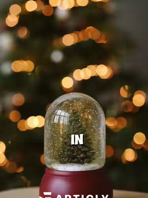 The image features a snow globe with a small Christmas tree inside, set against a blurred background of Christmas lights. The snow globe sits on a maroon base. Text overlay 'IN' is inside the snow globe. Below is the white-colored word 'ARTICLY'.