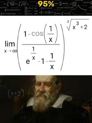 The image is composed of three main sections. At the top, there's a dark background filled with what appears to be mathematical formulas and symbols, with a '95%' text overlay in a yellow box. The middle section features a complex mathematical expression with a limit, fractions, exponents, trigonometric functions, and a cube root. Below this, the bottom part of the image shows a painting of an older man with a beard, possibly Galileo Galilei, in a classical style with a scribbled math formula on the background.