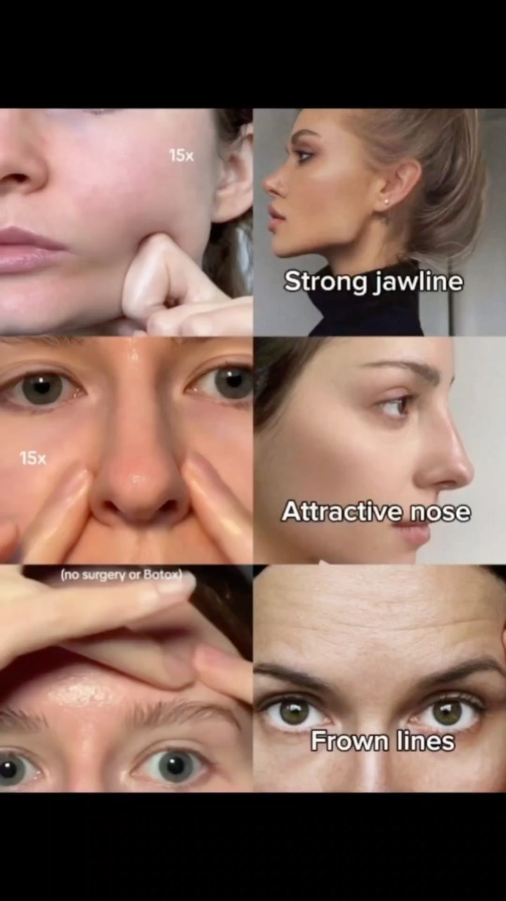 The cover image is a grid showcasing close-up views of a person's face, divided into four sections. It features different facial areas and details. Each section contains an image that is beside a text label. The first box on the left shows a side profile with the text "15x" to indicate the magnification. The second box shows a side profile of a face, with the text "Strong jawline". The second row's boxes both show the face in a front-on perspective. The first one shows the nose and the text "15x" again to indicate magnification. The second one shows just the nose and the text "Attractive nose". The third row presents the forehead and eyes. In the first box, fingers are gently manipulating skin and the text "(no surgery or Botox)" is present in that box. The second one highlights the eyes with the word "Frown lines".