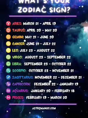 The image is a stylized graphic with a dark, cosmic background featuring nebulas and stars. The primary visual element is a list of zodiac signs displayed in a clean, legible font. Each zodiac sign is represented with its symbol, followed by its name, and a specified date range. The text is arranged vertically and uses a color-coded system where each sign has a designated color. At the top, the words 'WHAT'S YOUR ZODIAC SIGN?' are prominent in a bright, neon font. The website address 'ASTROMANGO.COM' is placed at the bottom in a smaller, contrasting font.