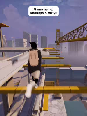 A 3D rendered image shows a character in a black outfit and a backpack performing parkour. The character is on a yellow rail with a city in the background. The sky is light blue with clouds.