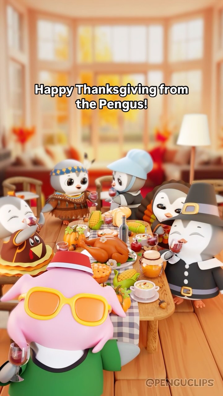 A cheerful 3D-rendered image depicts a Thanksgiving dinner scene. Six penguin-like characters, each with unique outfits and accessories, are gathered around a wooden table laden with festive food, including a turkey, corn, pumpkins, and various sides. A banner above reads, "Happy Thanksgiving from the Pengus!". The background shows an out-of-focus interior setting with neutral colors, suggesting a cozy, welcoming environment.