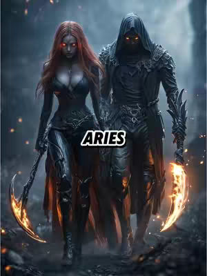 An AI-generated image featuring two darkly dressed angelic figures holding hands, standing in a smoky and dark environment. The figure on the left, presumably a female, has long red hair and glowing red eyes, holding a scythe with flames on the blade. The other figure is male and hooded, also with glowing eyes, and also holding a blade. A white text box with the word "ARIES" is overlaid on the center of the image.