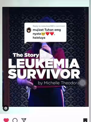 The cover image shows a woman holding a microphone, with text overlaying the image. The background is a dark textured pattern. The woman is wearing a red shirt and black pants. The text on the screen says "The Story of LEUKEMIA SURVIVOR by Michelle Theodora". A speech bubble with the words "mujizat Tuhan emg nyata haleluya" is overlaid on the image.