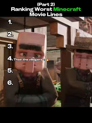 The cover image is a screenshot from the Minecraft movie. The image is a list presented with numbers 1-6 on the left, listing the worst movie lines. Characters in the frame are from the movie .The color palette appears to be based on the Minecraft game's earthy tones and wood textures.