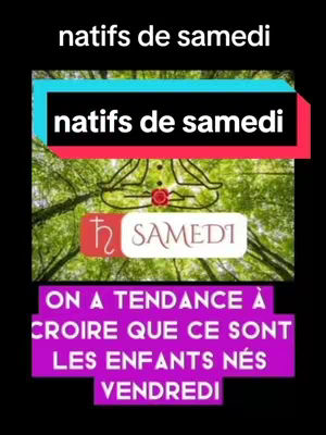 The image is a vertical graphic with a black background. At the top, white text reads 'natifs de samedi'. Below that, a rectangle with a blue background and the white text 'natifs de samedi' inside, along with another text within a red rectangle. A stylized image of a person in the lotus position with a tree backgroud. Below these elements, a large, purple rectangle appears to display more text, stating, "ON A TENDANCE À CROIRE QUE CE SONT LES ENFANTS NÉS VENDREDI".