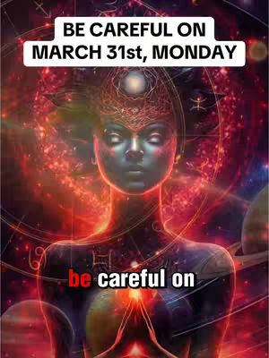 The image features a stylized digital artwork. Dominating the composition is a humanoid figure centered in the frame, depicted in cool, metallic blue tones. The figure has an elaborate headpiece and is positioned against a vivid, reddish-orange background, suggestive of cosmic or mystical energy. Overlayed on this is a bold white text that says, 'BE CAREFUL ON' and 'MARCH 31st, MONDAY' in a sans-serif font. The phrase 'be careful on' appears in red, superimposed on the lower part of the artwork. The overall impression is mystical, with a focus on astrological themes.