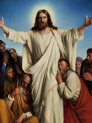 A classical painting of Jesus Christ with arms outstretched, surrounded by several people. A bright halo surrounds his head. The composition is centered, with Jesus as the focal point.