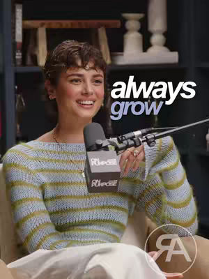 The cover image features a woman seated, smiling at the camera, holding a microphone, against a backdrop of shelves and a podcast logo. Above her head on the top right of the video is written 'always grow'