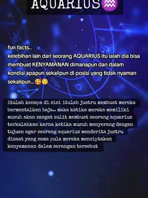 A vertical image featuring a dark blue gradient background. At the top, there is a black rectangle with "AQUARIUS" in a white, bold font, along with a purple symbol. Below this, there is white text providing "fun facts" about Aquarius, along with additional text describing Aquarius traits, and the bottom section contains text about how they can make people feel comfortable.
