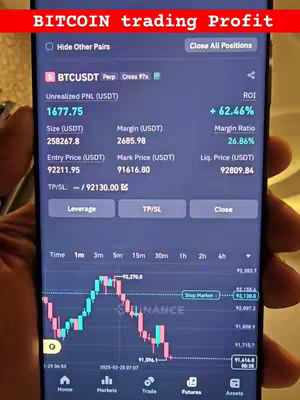 The cover image shows a smartphone displaying a trading app interface with real-time financial data. The screen presents trading charts and account information, including profit, margin, and price details related to Bitcoin. The app's interface includes various buttons for trading actions. A hand is holding the phone, suggesting the user's interaction with the app.