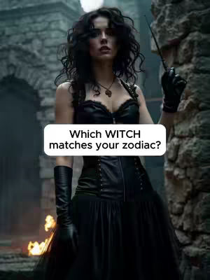 The cover image features a woman dressed as a witch in a dark, gothic setting. She has long, dark, curly hair and is wearing a black corset, gloves, and a long black skirt. She holds a wand in one hand and stares directly into the camera. The background is a blurred view of old stone architecture, hinting at a castle or similar structure, with a small fire on the left. A white rectangle at the bottom with text overlayed, reads: "Which WITCH matches your zodiac?"