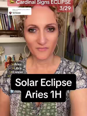 A woman with fair skin and blonde hair is centered in the frame, looking directly at the camera. The background is a blurred interior with shelves and decorative items. Overlaid on her image are text boxes with astrology related information.