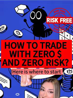 The cover image features a woman in the bottom right, smiling and pointing. A stylized ant-like figure is front and center, with coins and other graphic elements floating in the background over a blue base. The color scheme is primarily red and blue. Text overlays include 'How to Trade' and 'Risk Free.'
