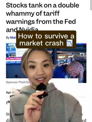The cover image for the video is a split-screen design featuring the creator in the foreground with a news article overlay in the background. The creator, a young woman with blonde hair and smiling, holds a microphone. Overlayed on top of the screen is text on top of the news article stating "How to survive a market crash". Behind her and partially visible on the right, is another person looking distressed, within an office setting.